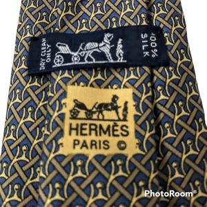 HERMES Silk Tie Gold Blue Horse Bit Pattern Luxury Paris